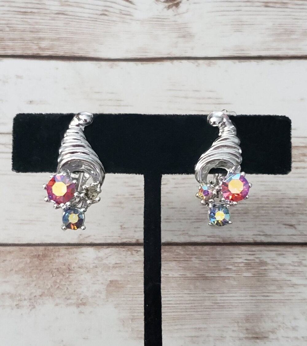 Vintage Clip On Earrings Silver Tone Hat With Iridescent Gems - One Gem Missing